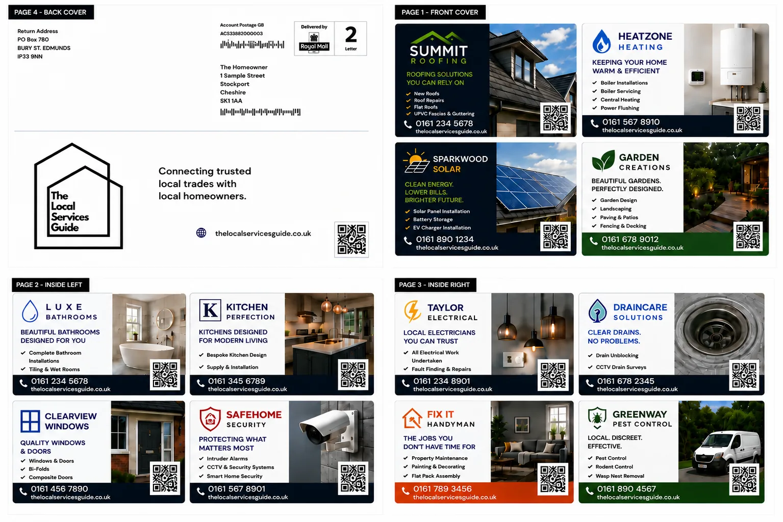 The Local Services Guide — sample pages featuring local trades